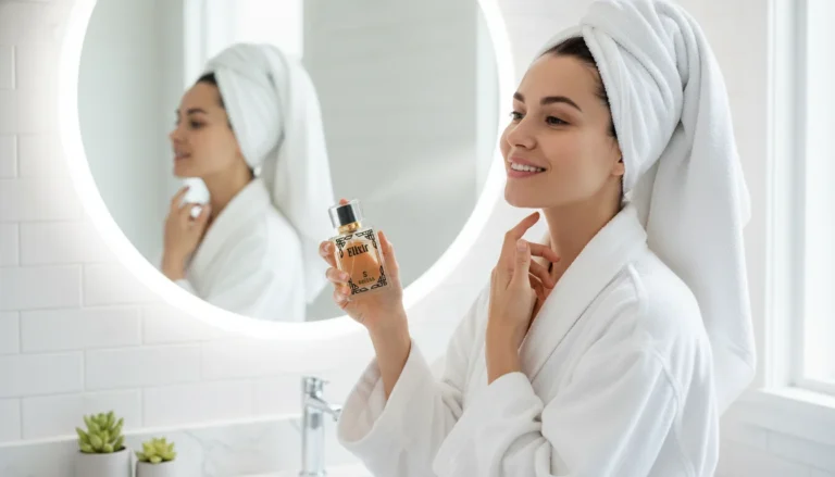 Woman applying perfume on her neck after shower, showing how to make perfume last longer, long lasting fragrance on skin, perfume on skin tips