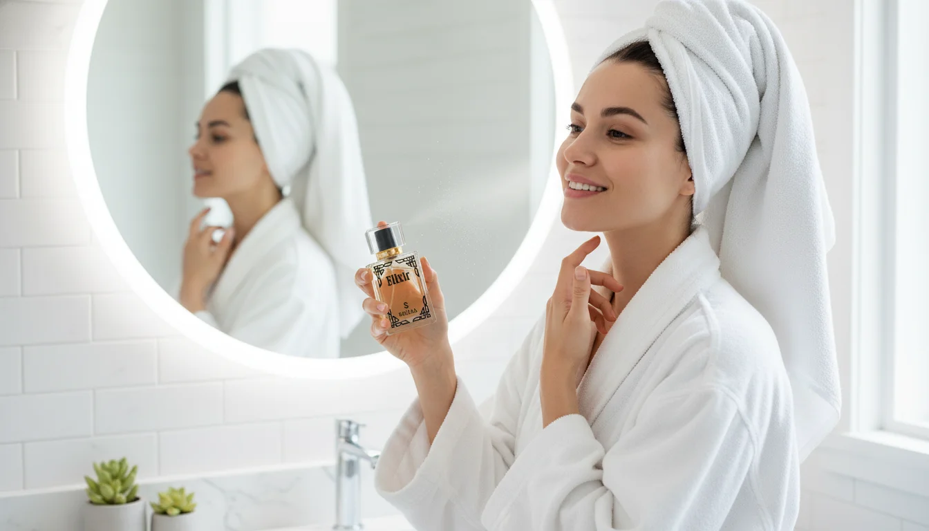 Woman applying perfume on her neck after shower, showing how to make perfume last longer, long lasting fragrance on skin, perfume on skin tips