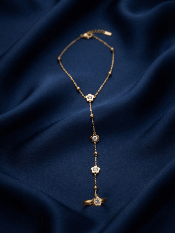 Camélia — Rose Gold Floral Crystal Hand Chain worn on hand Camélia — Rose Gold Floral Crystal Hand Chain worn on hand
