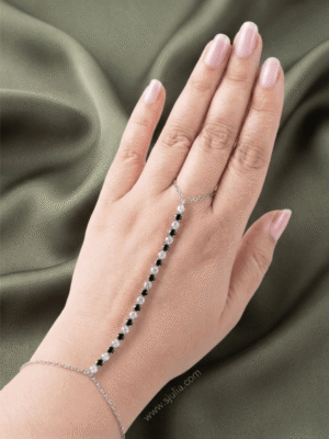 Noora — Silver Round Crystal Hand Chain worn on hand Noora — Silver Round Crystal Hand Chain worn on hand