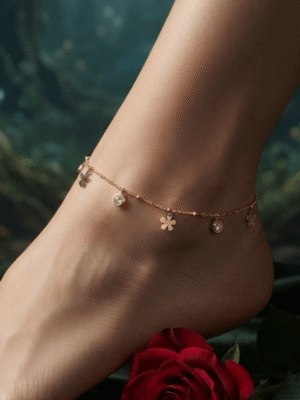 Gulnar – Rose Gold Flower Charm Anklet worn on ankle Gulnar – Rose Gold Flower Charm Anklet worn on ankle