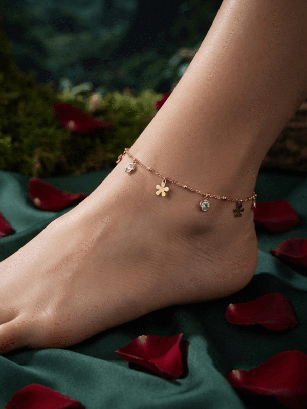 Gulnar – Rose Gold Flower Charm Anklet worn on ankle