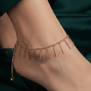 Rasha – Rose Gold Fringe Bar Anklet worn on ankle