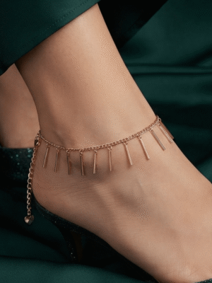 Rasha – Rose Gold Fringe Bar Anklet worn on ankle Rasha – Rose Gold Fringe Bar Anklet worn on ankle