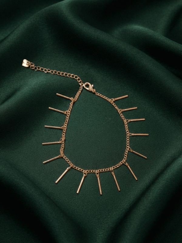 Rasha – Rose Gold Fringe Bar Anklet worn on ankle Rasha – Rose Gold Fringe Bar Anklet worn on ankle