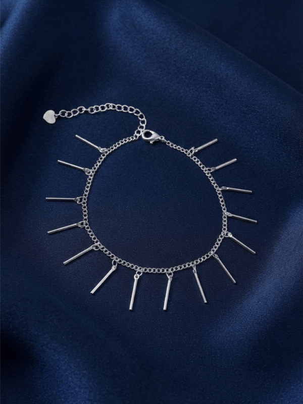 Chandi – Silver Fringe Bar Anklet worn on ankle Chandi – Silver Fringe Bar Anklet worn on ankle