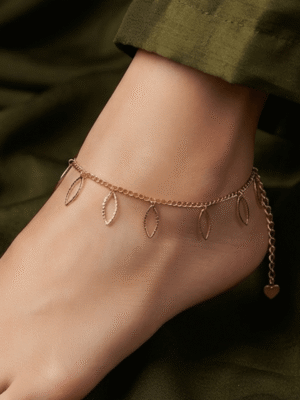 Zaitoon – Rose Gold Leaf Outline Anklet worn on ankle Zaitoon – Rose Gold Leaf Outline Anklet worn on ankle