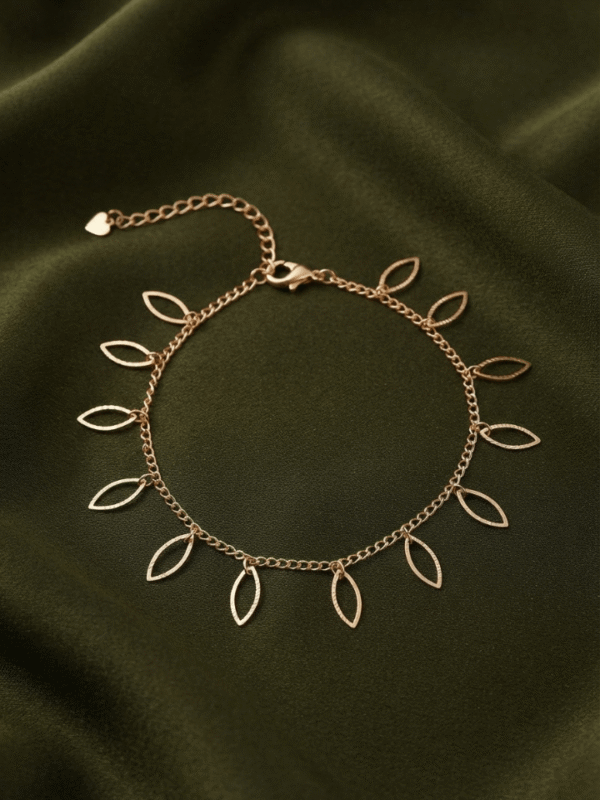 Zaitoon – Rose Gold Leaf Outline Anklet worn on ankle