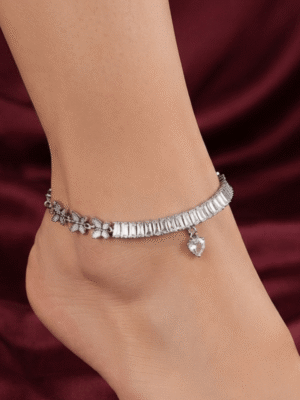 Titli – Silver Baguette Crystal Anklet worn on ankle Titli – Silver Baguette Crystal Anklet worn on ankle