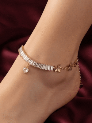 Titli-e-Tila – Gold Baguette Crystal Anklet worn on ankle Titli-e-Tila – Gold Baguette Crystal Anklet worn on ankle