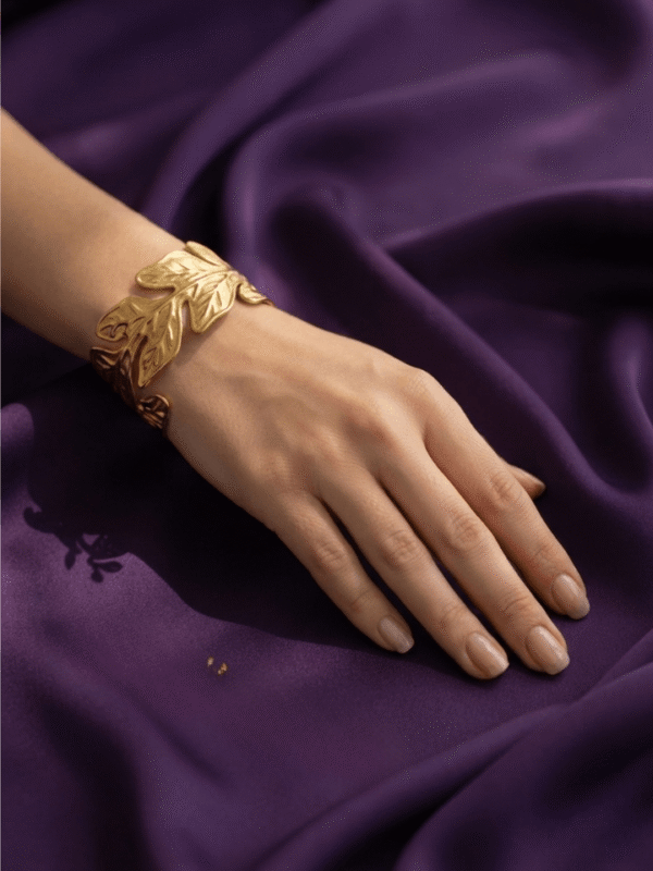 Chêne — Gold Oak Leaf Acorn Cuff Bracelet worn on wrist