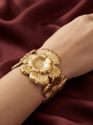 Pivoine — Gold Peony Flower Cuff Bracelet worn on wrist Pivoine — Gold Peony Flower Cuff Bracelet worn on wrist