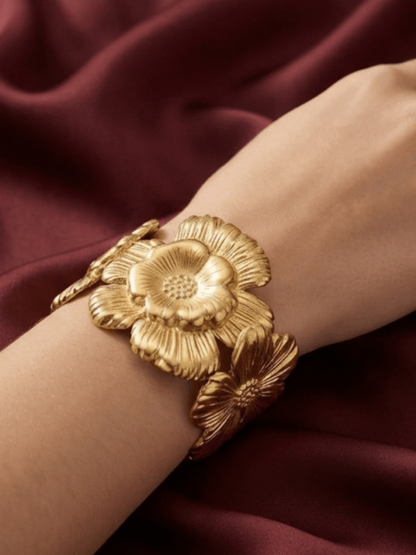 Pivoine — Gold Peony Flower Cuff Bracelet worn on wrist Pivoine — Gold Peony Flower Cuff Bracelet worn on wrist