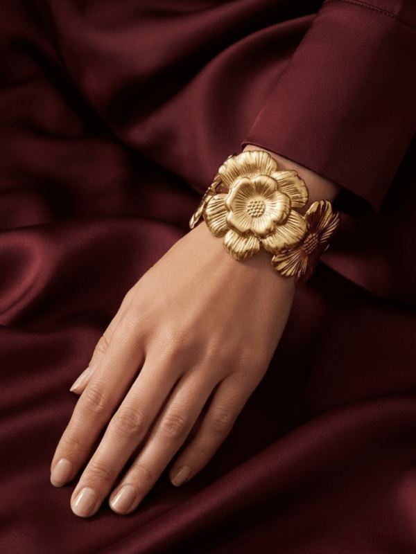 Pivoine — Gold Peony Flower Cuff Bracelet worn on wrist Pivoine — Gold Peony Flower Cuff Bracelet worn on wrist
