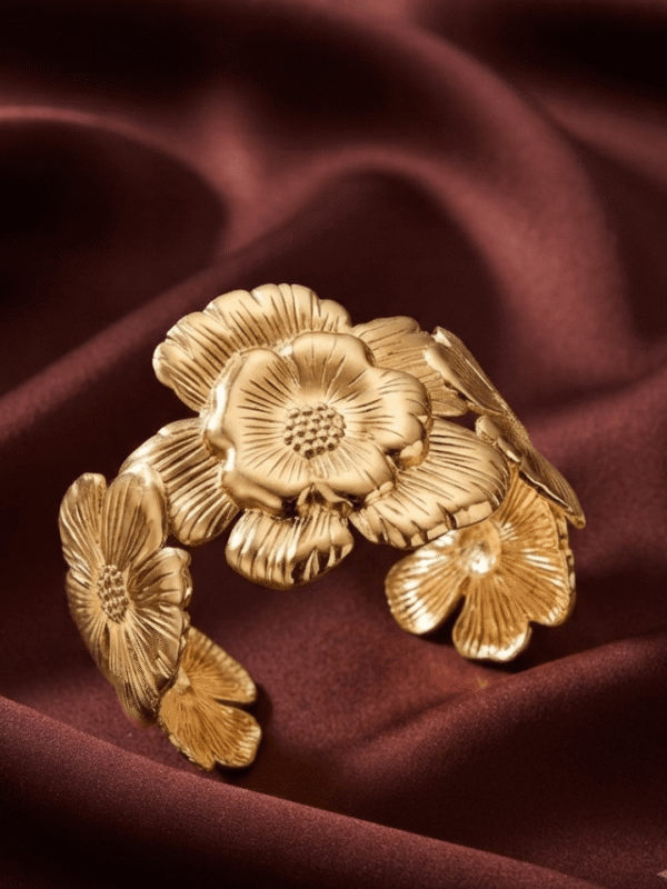 Pivoine — Gold Peony Flower Cuff Bracelet worn on wrist Pivoine — Gold Peony Flower Cuff Bracelet worn on wrist