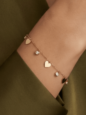 Dilkash — Rose Gold Heart Crystal Bracelet worn on wrist Dilkash — Rose Gold Heart Crystal Bracelet worn on wrist
