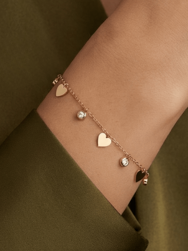 Dilkash — Rose Gold Heart Crystal Bracelet worn on wrist Dilkash — Rose Gold Heart Crystal Bracelet worn on wrist