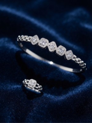 Silver bangle with square halo crystals and matching ring. Tarnish-free, statement fit. Free COD in Pakistan. Order online today! Silver bangle with square halo crystals and matching ring. Tarnish-free, statement fit. Free COD in Pakistan. Order online today!