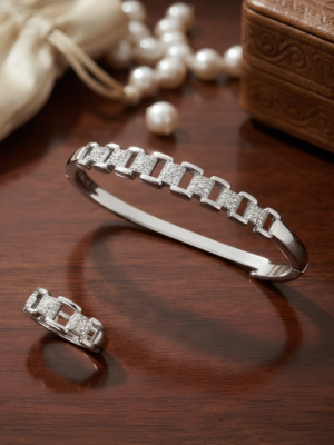 Rukhsar – Sterling Silver Pave Link Bangle & Ring Set Rukhsar – Sterling Silver Pave Link Bangle & Ring Set