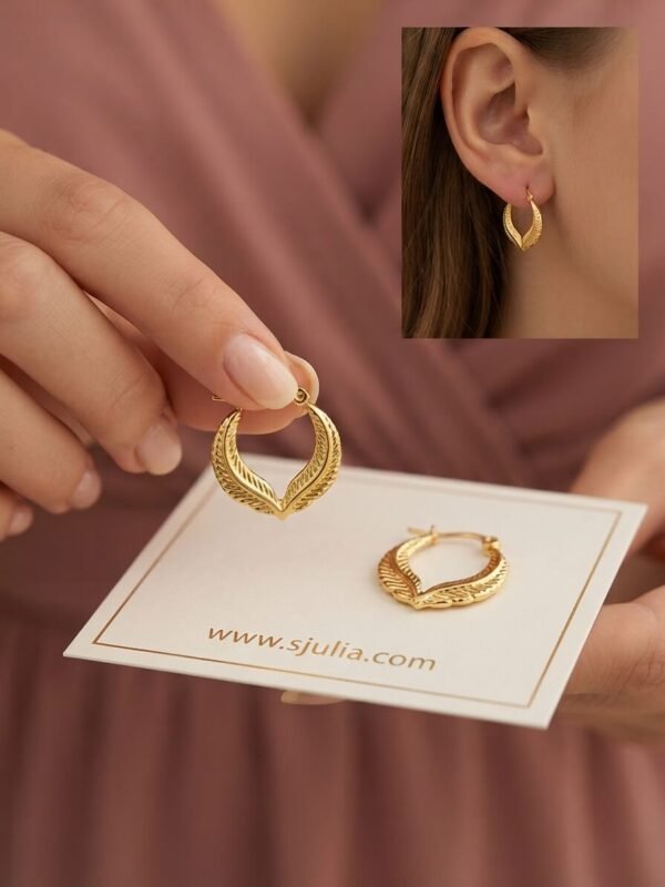 Areeba – Feather Leaf Gold Hoop Earrings Areeba – Feather Leaf Gold Hoop Earrings