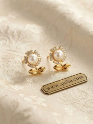 Meher – Gold Pearl Flower Stem Studs Meher – Gold Pearl Flower Stem Studs