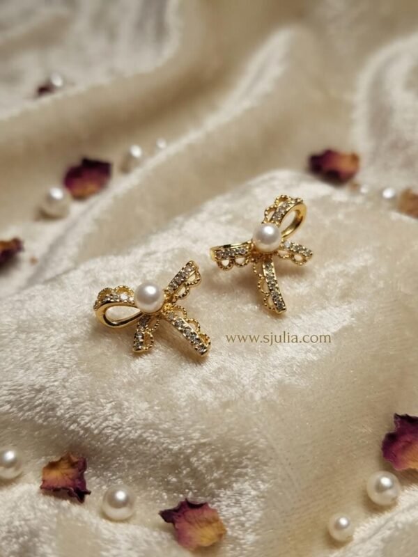 Farida – Gold Pearl Lace Bow Studs Farida – Gold Pearl Lace Bow Studs