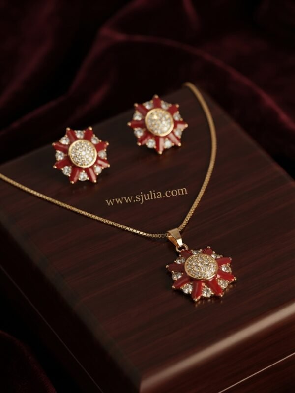 Yasmin – Gold Red Crystal Sunburst Pendant Set